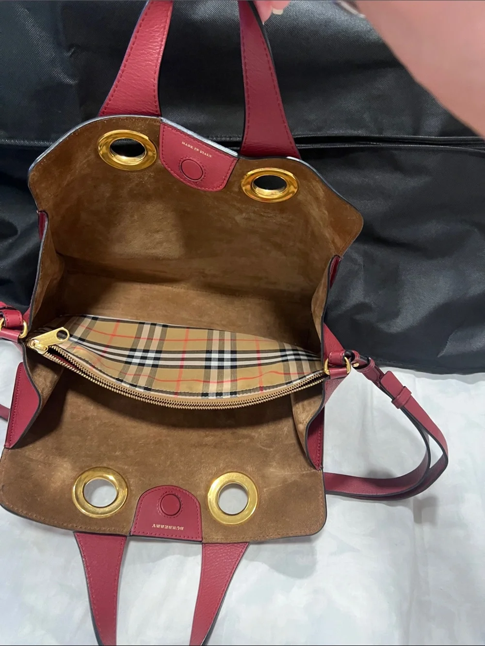 Burberry Red Leather Satchel with Gold Grommet Accents